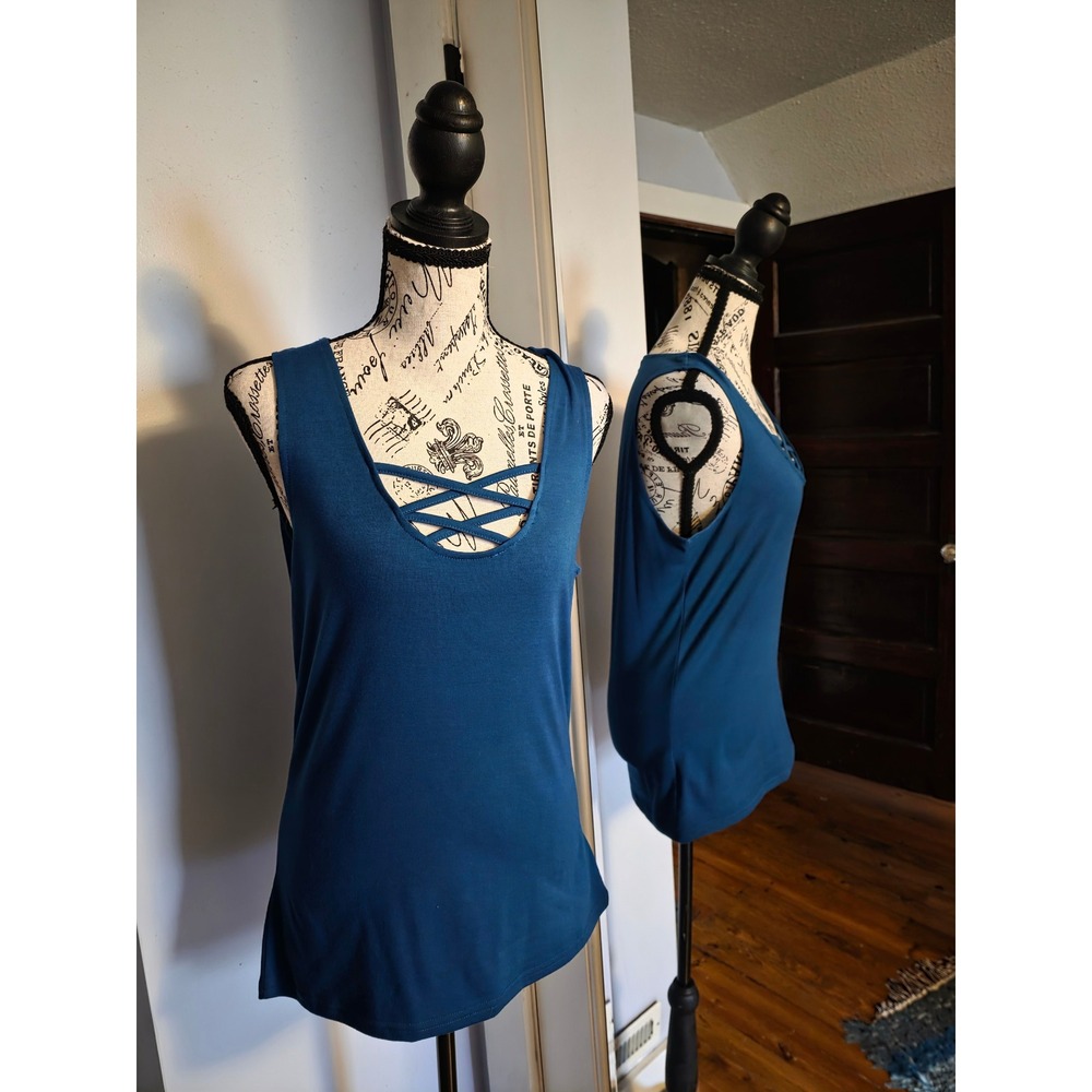 Sarin Mathews Womens Teal Blue Lattice Strappy Neck Sleeveless Tank Top Size M